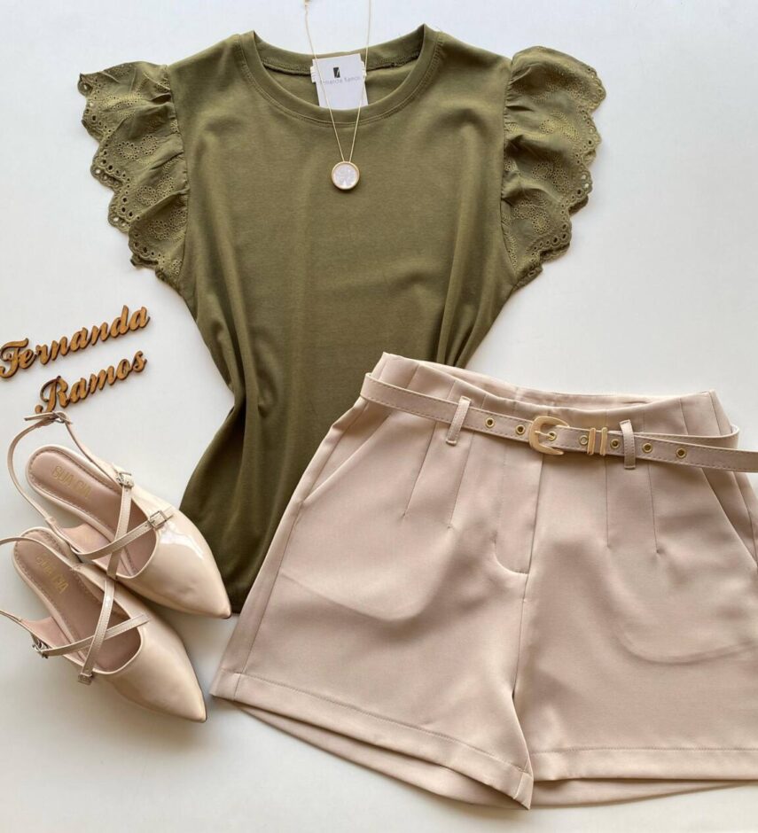 Blusa Feminina Tee Muscle com Detalhes Bordado Verde Musgo - Fernanda Ramos Store
