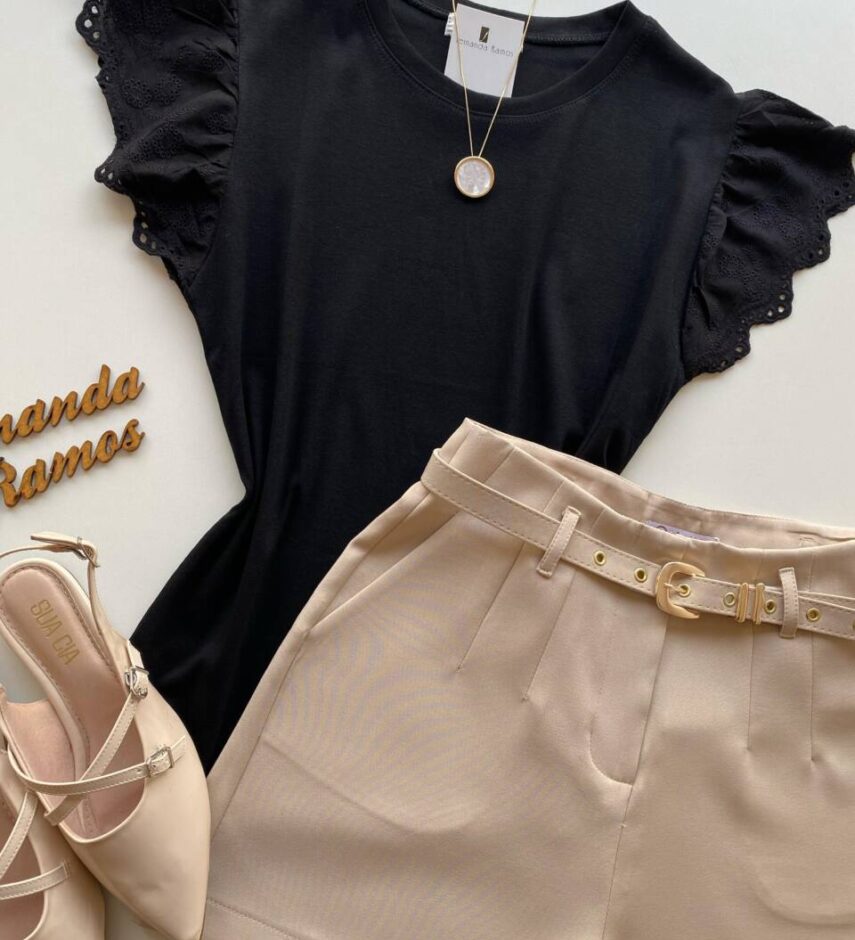 Blusa Feminina Tee Muscle com Detalhes Bordado Preta - Fernanda Ramos Store