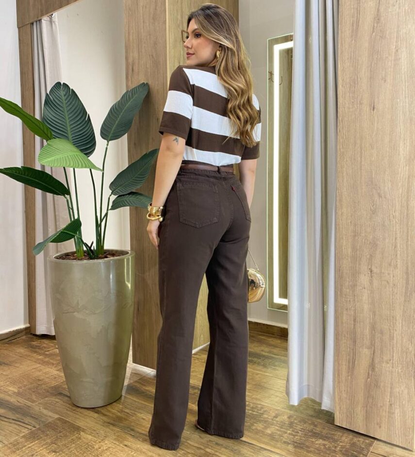 Blusa Feminina Tricot Cris Manga Curta Listrada de Marrom - Fernanda Ramos Store