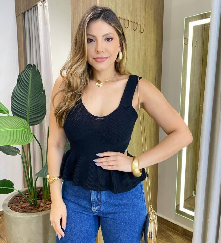 Blusa Feminina Tricot Modal sem Bojo Rodada Preta - Fernanda Ramos Store