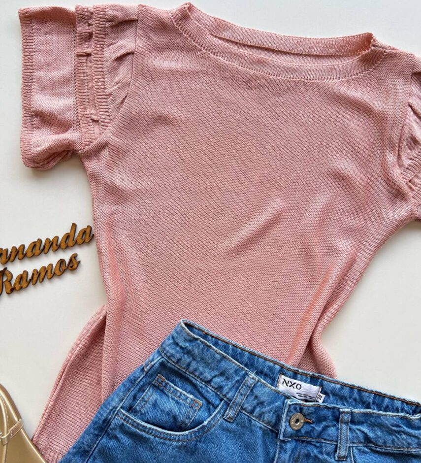 Blusa Manga Curta Tricot Rosa Detalhe de Babado nas Mangas - Fernanda Ramos Store