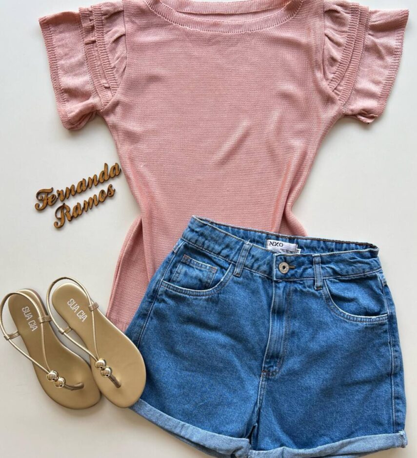 Blusa Manga Curta Tricot Rosa Detalhe de Babado nas Mangas - Fernanda Ramos Store