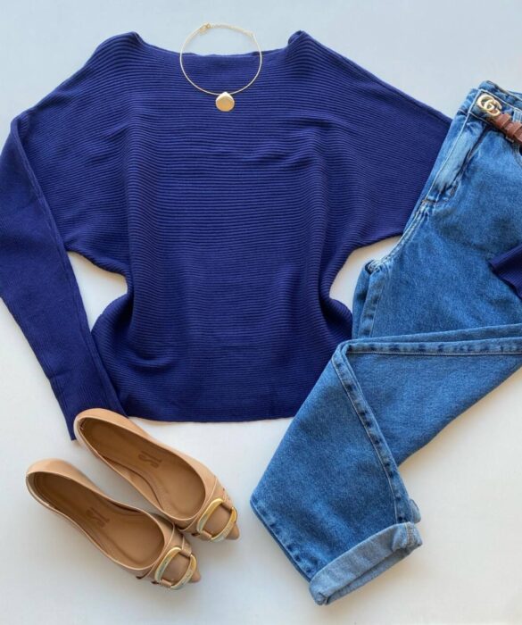 Blusa Manga Longa Bibi Feminina Modal Azul Bic - Fernanda Ramos Store