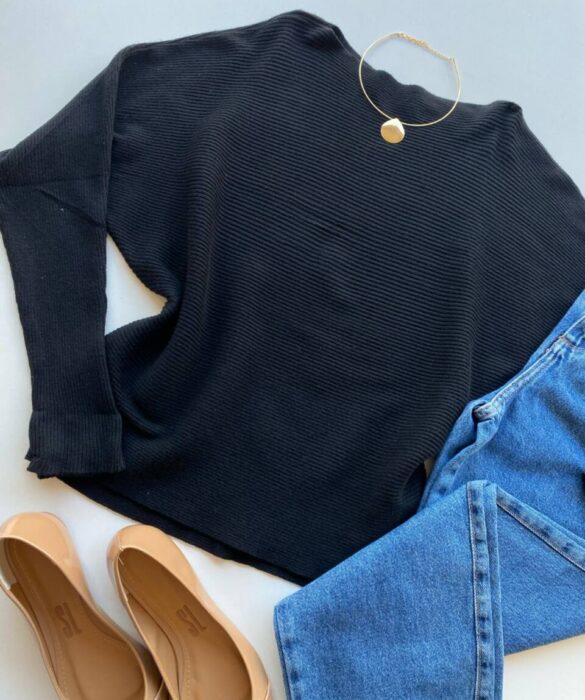 Blusa Manga Longa Bibi Feminina Modal Preta - Fernanda Ramos Store