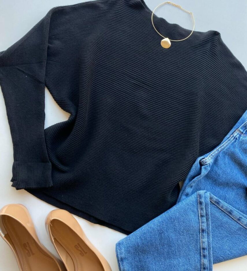 Blusa Manga Longa Bibi Feminina Modal Preta - Fernanda Ramos Store