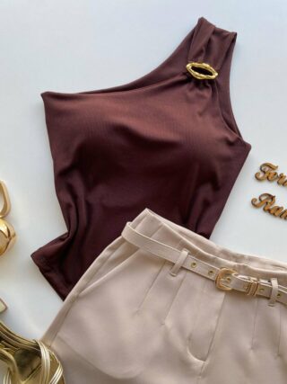 Body Feminino Caribe com Bojo Canelado e Argola Orgânica Marrom - Fernanda Ramos Store