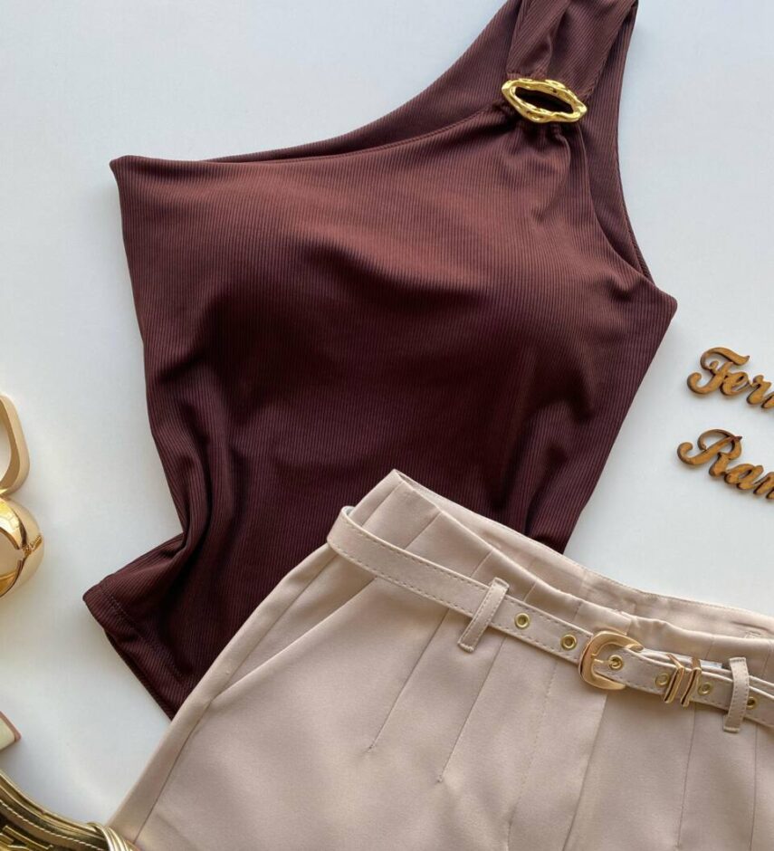 Body Feminino Caribe com Bojo Canelado e Argola Orgânica Marrom - Fernanda Ramos Store