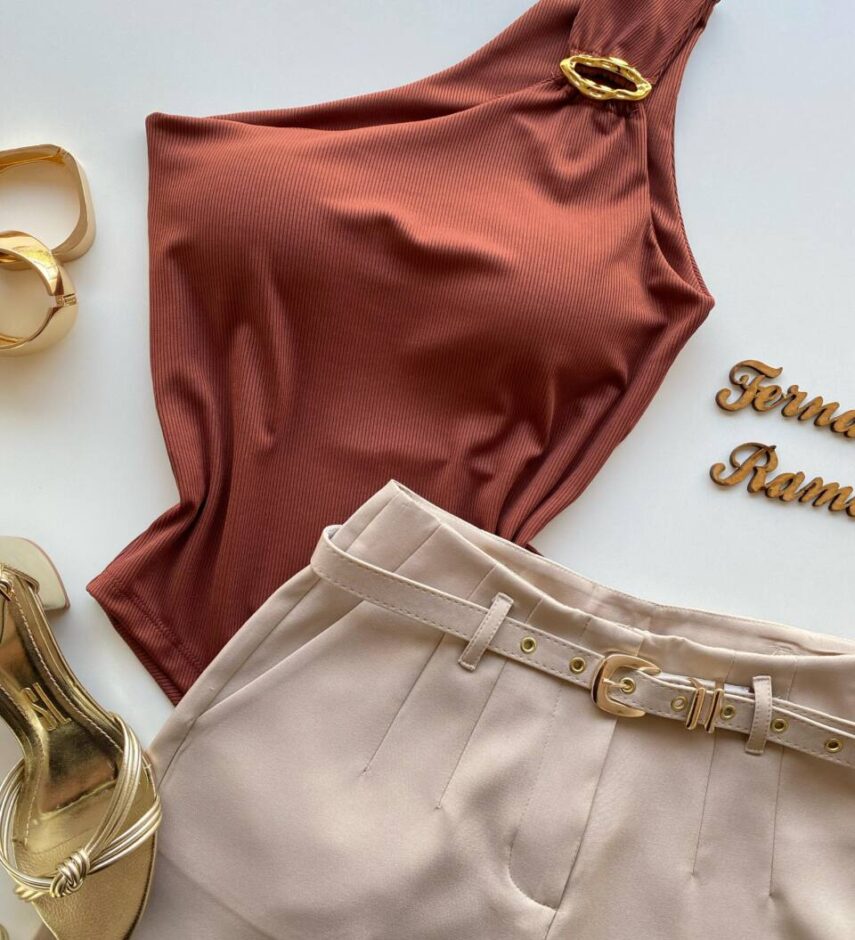 Body Feminino Caribe com Bojo Canelado e Argola Orgânica Caramelo - Fernanda Ramos Store