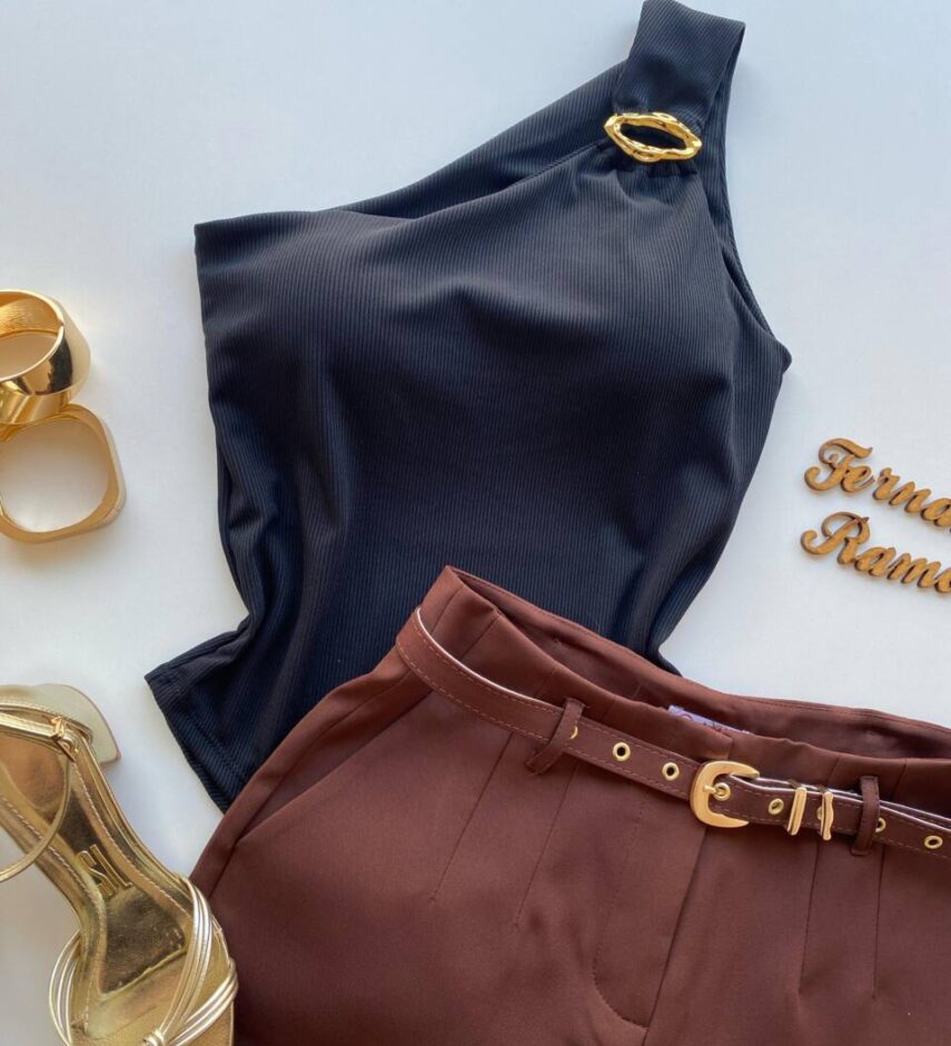 Body Feminino Caribe com Bojo Canelado e Argola Orgânica Preto - Fernanda Ramos Store