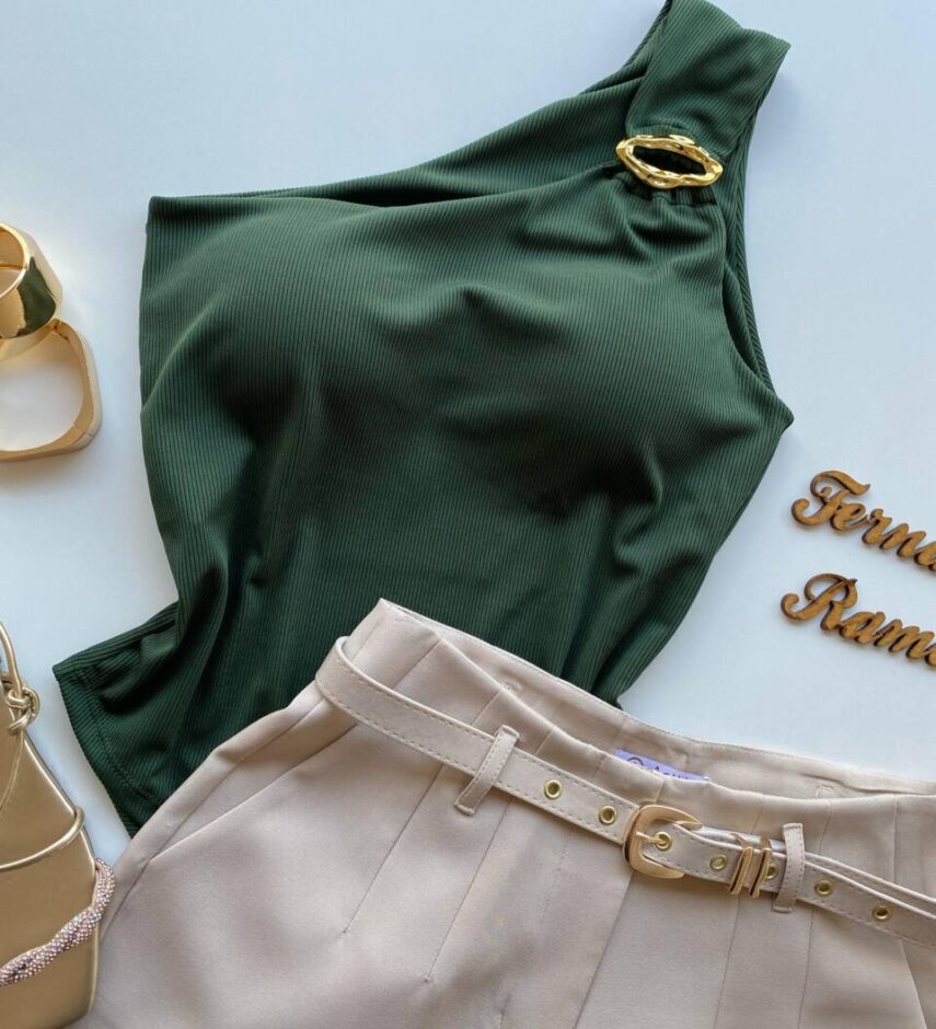 Body Feminino Caribe com Bojo Canelado e Argola Orgânica Verde - Fernanda Ramos Store