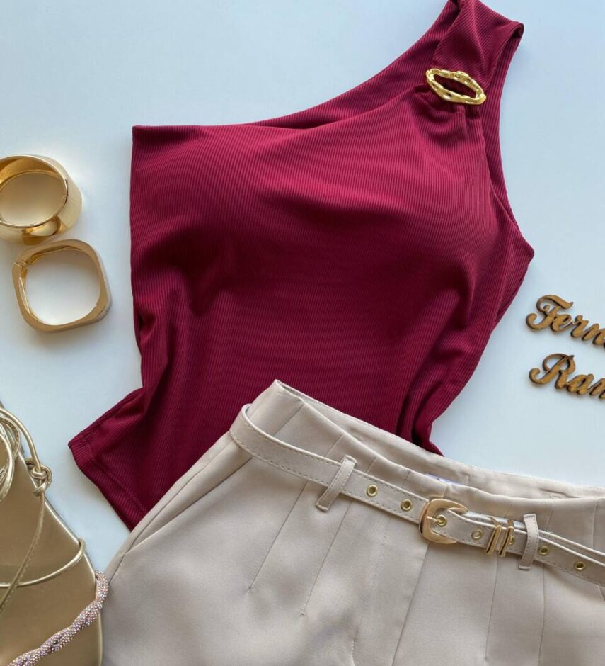 Body Feminino Caribe com Bojo Canelado e Argola Orgânica Vinho - Fernanda Ramos Store