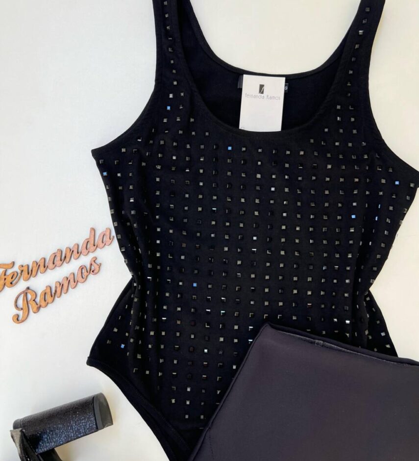 Body Feminino sem Bojo Detalhe em Pedrarias e Alça Preto - Fernanda Ramos Store