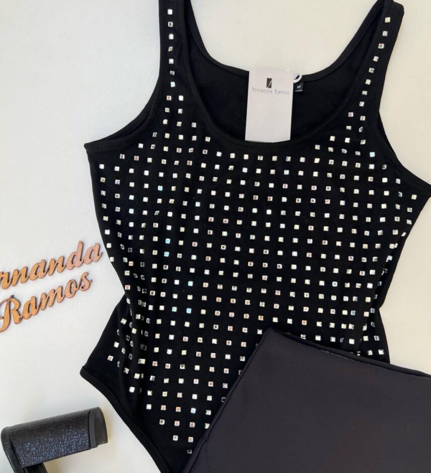 Body Feminino sem Bojo Detalhe em Pedrarias Pratas e Alça Preto - Fernanda Ramos Store