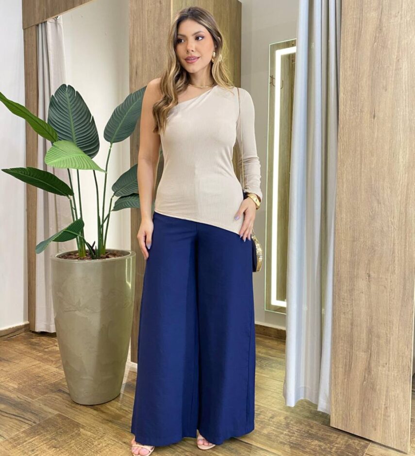 Calça Feminina Alfaiataria Pantalona Aysha Azul Marinho - Fernanda Ramos Store