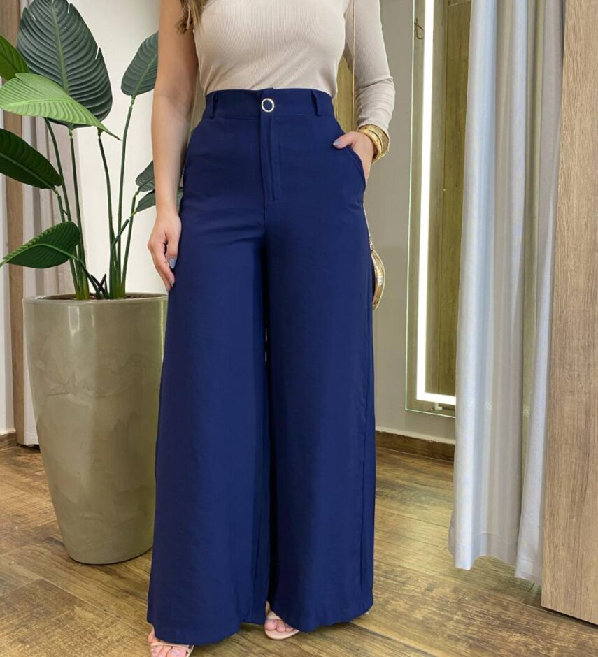 Calça Feminina Alfaiataria Pantalona Aysha Azul Marinho - Fernanda Ramos Store