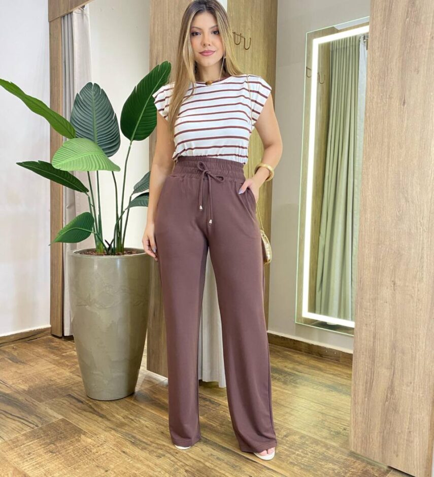 Calça Feminina Moletinho com Bolsos e Amarração Marrom - Fernanda Ramos Store