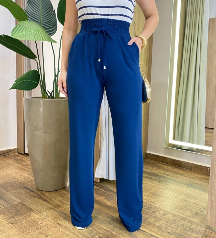 Calça Feminina Moletinho com Bolsos e Amarração Azul - Fernanda Ramos Store