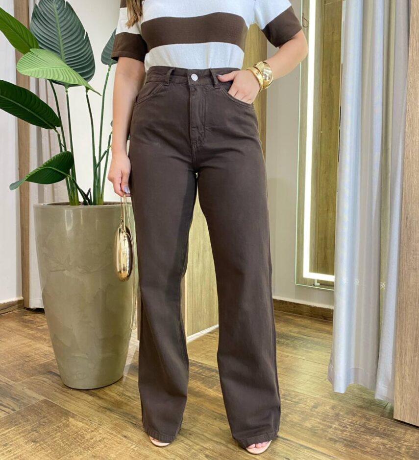 Calça Jeans Feminina Wide Leg Slim Básica Marrom 016691 - Fernanda Ramos Store