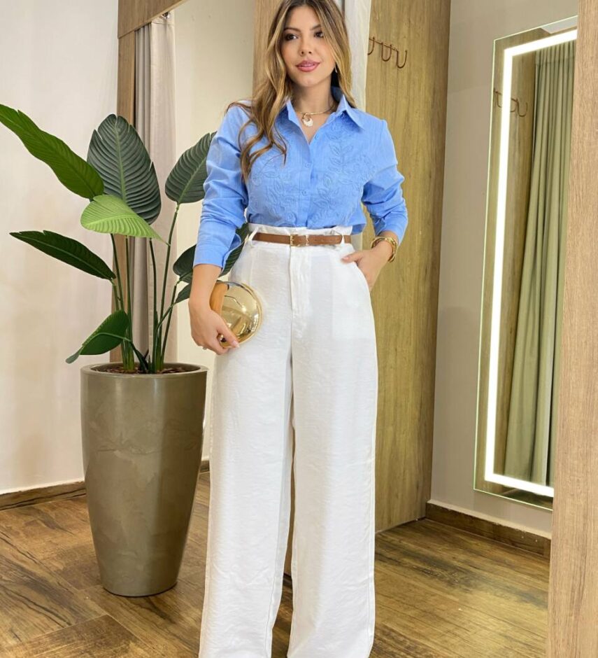 Camisa Feminina Social Jeh Manga Longa Bordada Azul - Fernanda Ramos Store