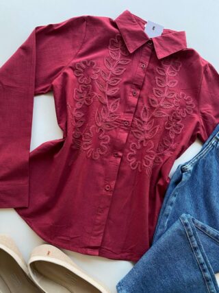 Camisa Feminina Social Jeh Manga Longa Bordada Marsala - Fernanda Ramos Store
