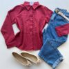 Camisa Feminina Social Jeh Manga Longa Bordada Marsala - Fernanda Ramos Store