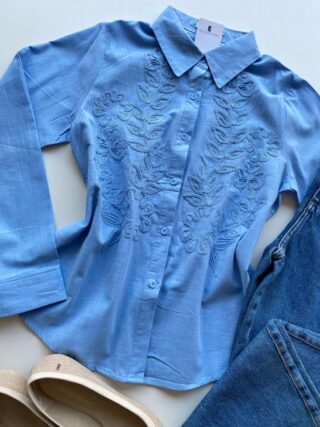 Camisa Feminina Social Jeh Manga Longa Bordada Azul - Fernanda Ramos Store
