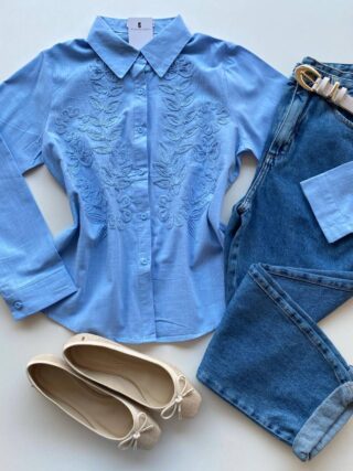 Camisa Feminina Social Jeh Manga Longa Bordada Azul - Fernanda Ramos Store
