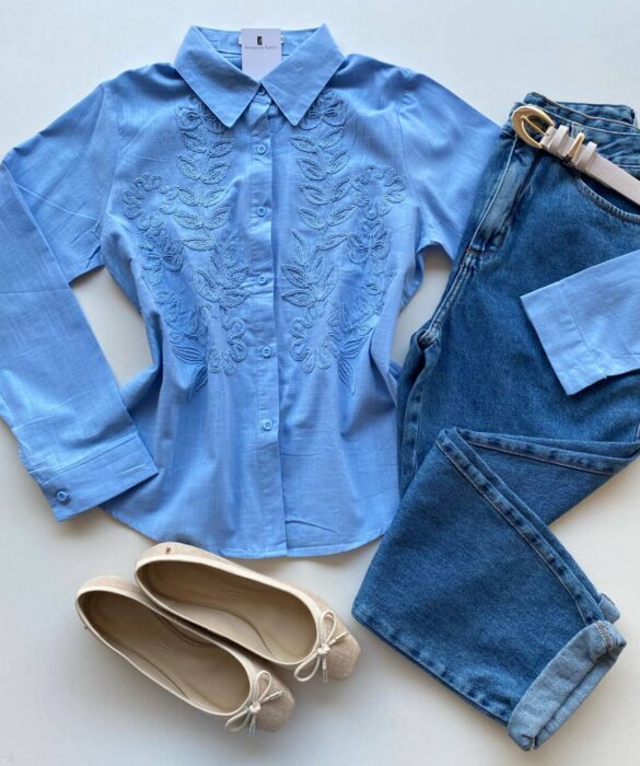 Camisa Feminina Social Jeh Manga Longa Bordada Azul - Fernanda Ramos Store
