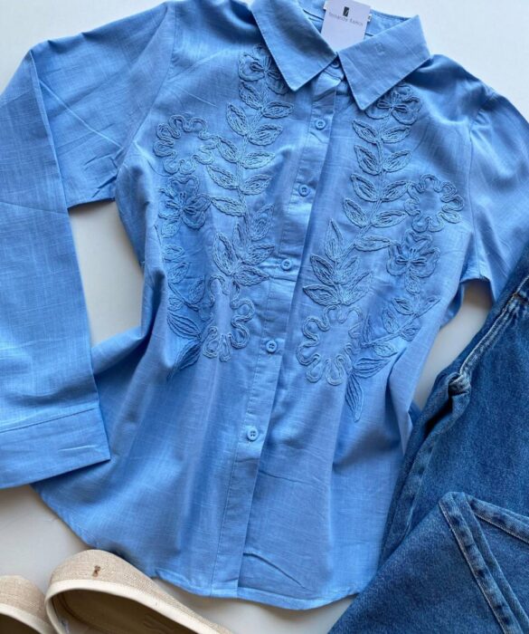 Camisa Feminina Social Jeh Manga Longa Bordada Azul - Fernanda Ramos Store