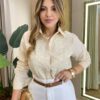 Camisa Feminina Social Jeh Manga Longa Bordada Nude - Fernanda Ramos Store