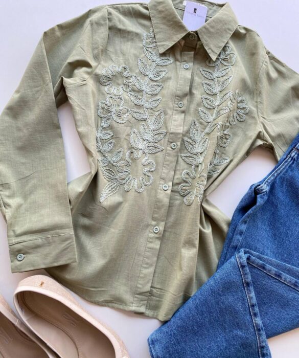 Camisa Feminina Social Jeh Manga Longa Bordada Verde Menta - Fernanda Ramos Store