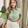 Camisa Feminina Social Jeh Manga Longa Bordada Verde Menta - Fernanda Ramos Store