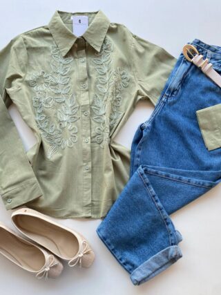 Camisa Feminina Social Jeh Manga Longa Bordada Verde Menta - Fernanda Ramos Store