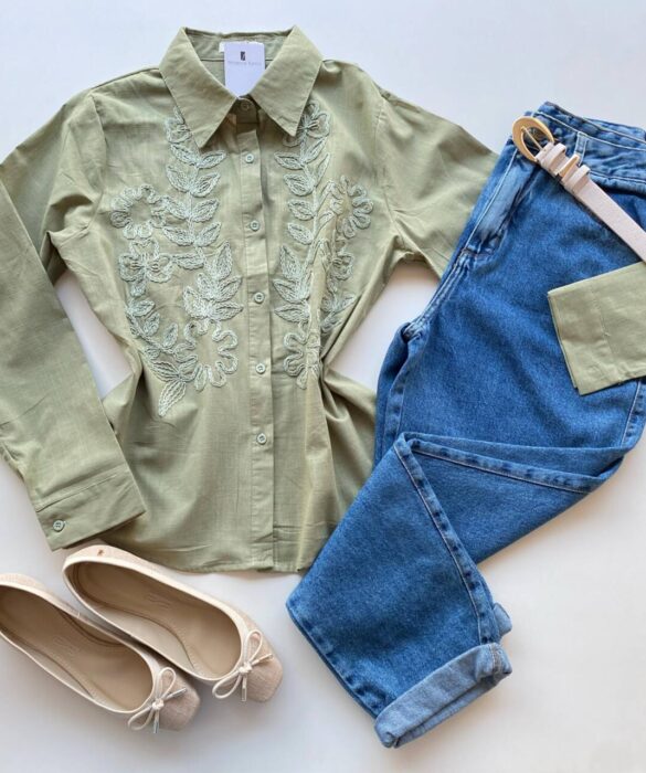 Camisa Feminina Social Jeh Manga Longa Bordada Verde Menta - Fernanda Ramos Store