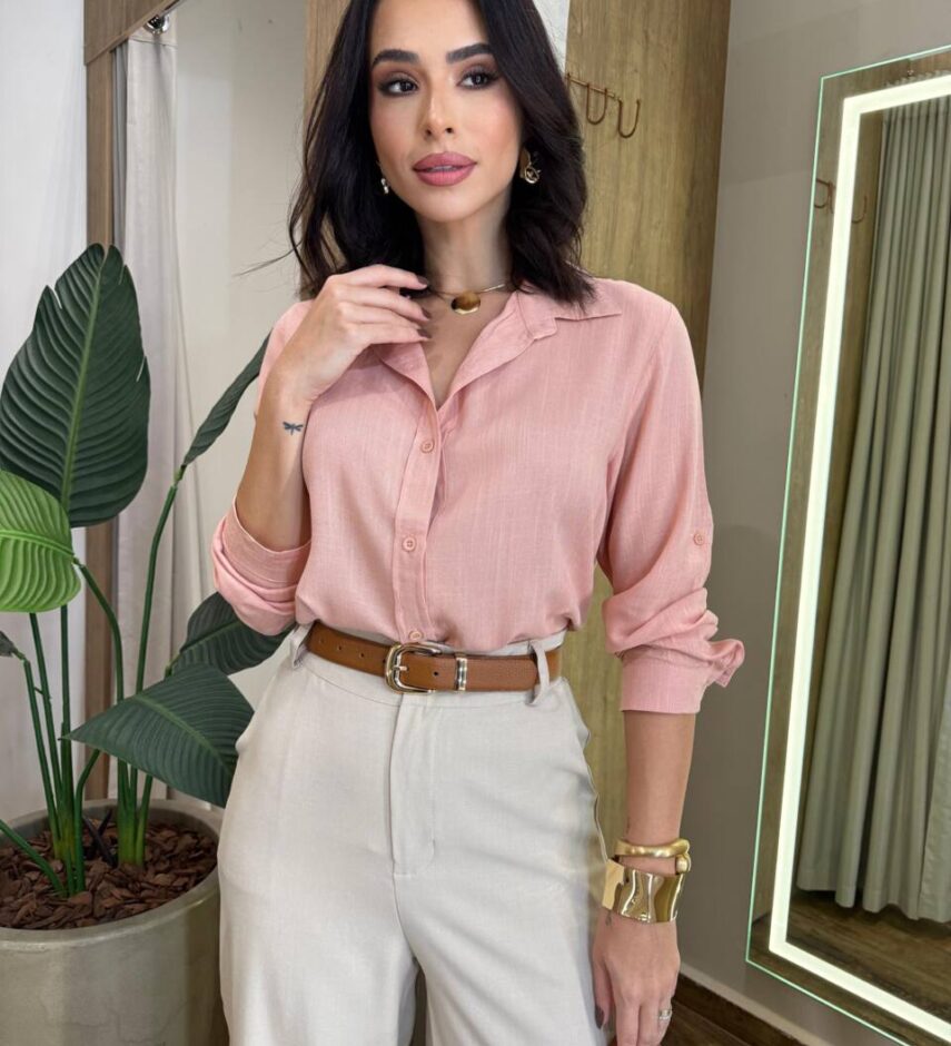 Camisa Feminina Social Lua com Gola e Botões Rosa - Fernanda Ramos Store