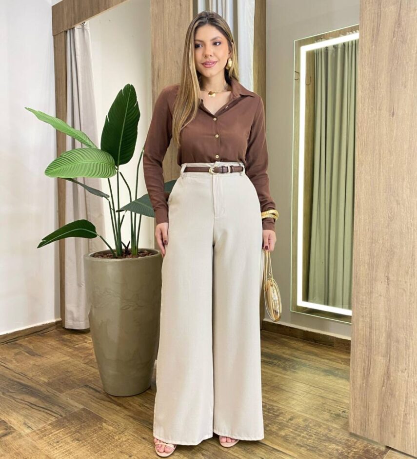 Camisa Feminina Social Suellen Manga Longa Viscose Marrom - Fernanda Ramos Store
