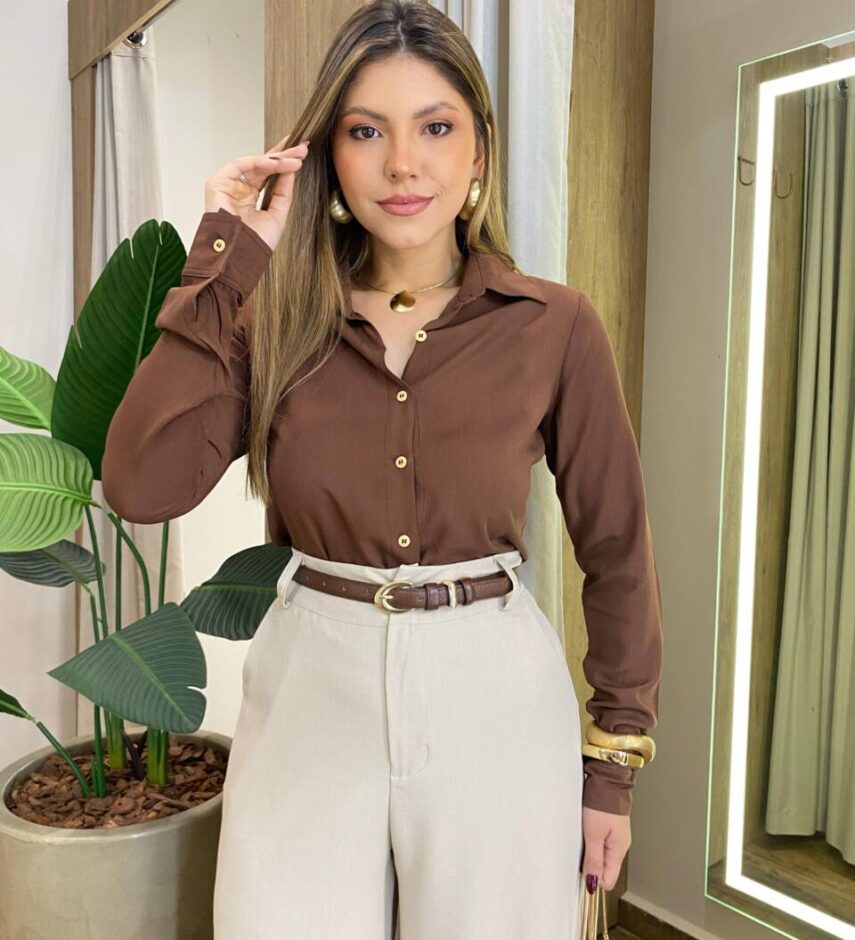 Camisa Feminina Social Suellen Manga Longa Viscose Marrom - Fernanda Ramos Store
