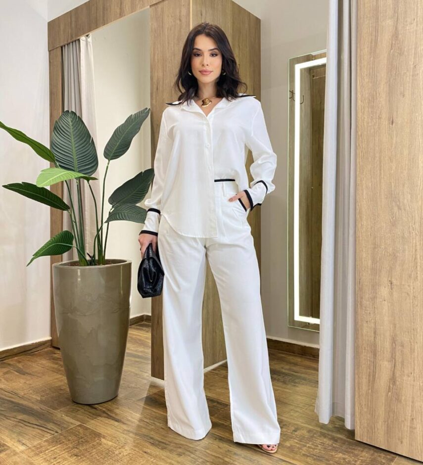 Conjunto Feminino Alfaiataria Fernanda Blusa e Calça Pantalona Branco - Fernanda Ramos Store