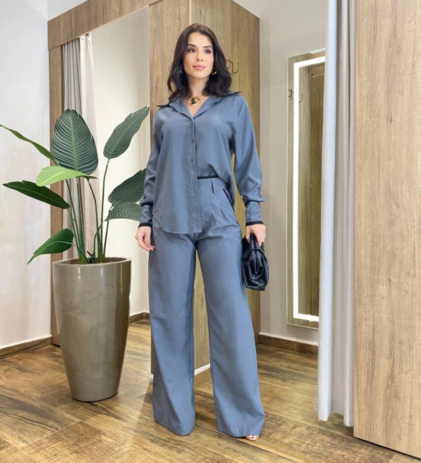 Conjunto Feminino Alfaiataria Fernanda Blusa e Calça Pantalona Cinza - Fernanda Ramos Store