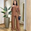 Conjunto Feminino Alfaiataria Fernanda Blusa e Calça Pantalona Marrom - Fernanda Ramos Store