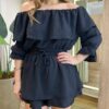 Conjunto Feminino Blusa Manga Longa com Babados e Short Saia Preto - Fernanda Ramos Store