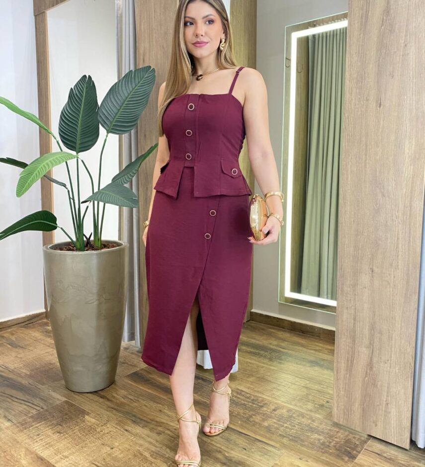 Conjunto Feminino Luli Regata e Saia Midi com Recorte Marsala - Fernanda Ramos Store