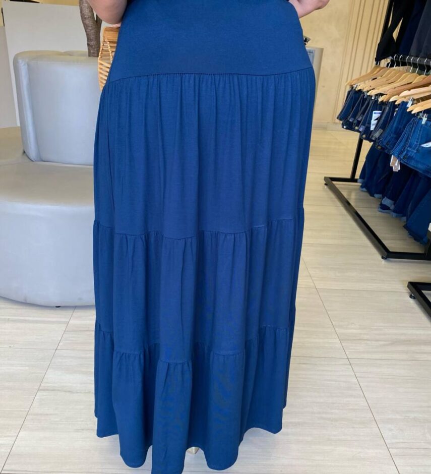 Conjunto Feminino Malha Plus Cropped sem Bojo e Saia Longa Azul - Fernanda Ramos Store