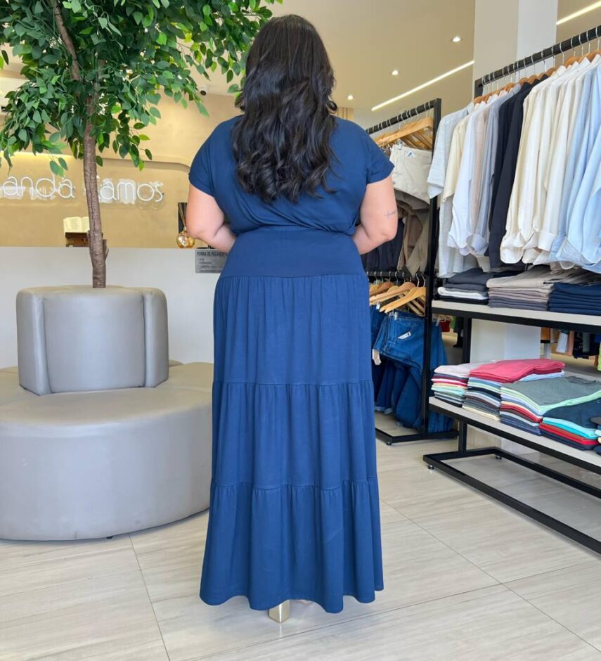 Conjunto Feminino Malha Plus Cropped sem Bojo e Saia Longa Azul - Fernanda Ramos Store