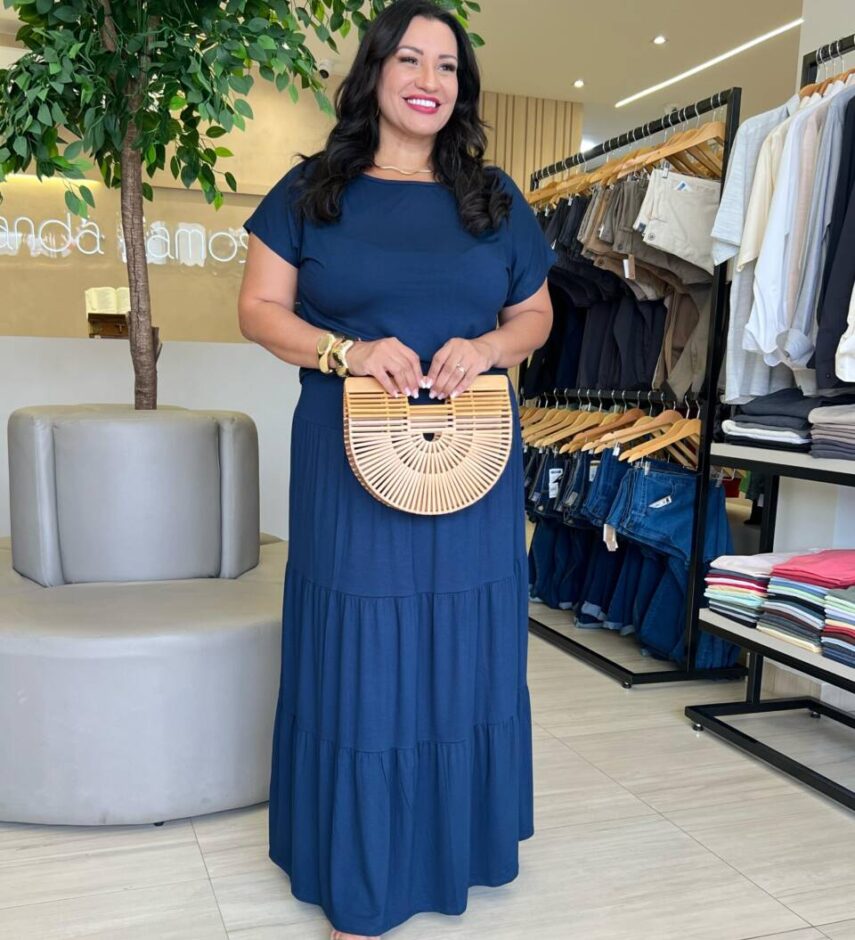 Conjunto Feminino Malha Plus Cropped sem Bojo e Saia Longa Azul - Fernanda Ramos Store
