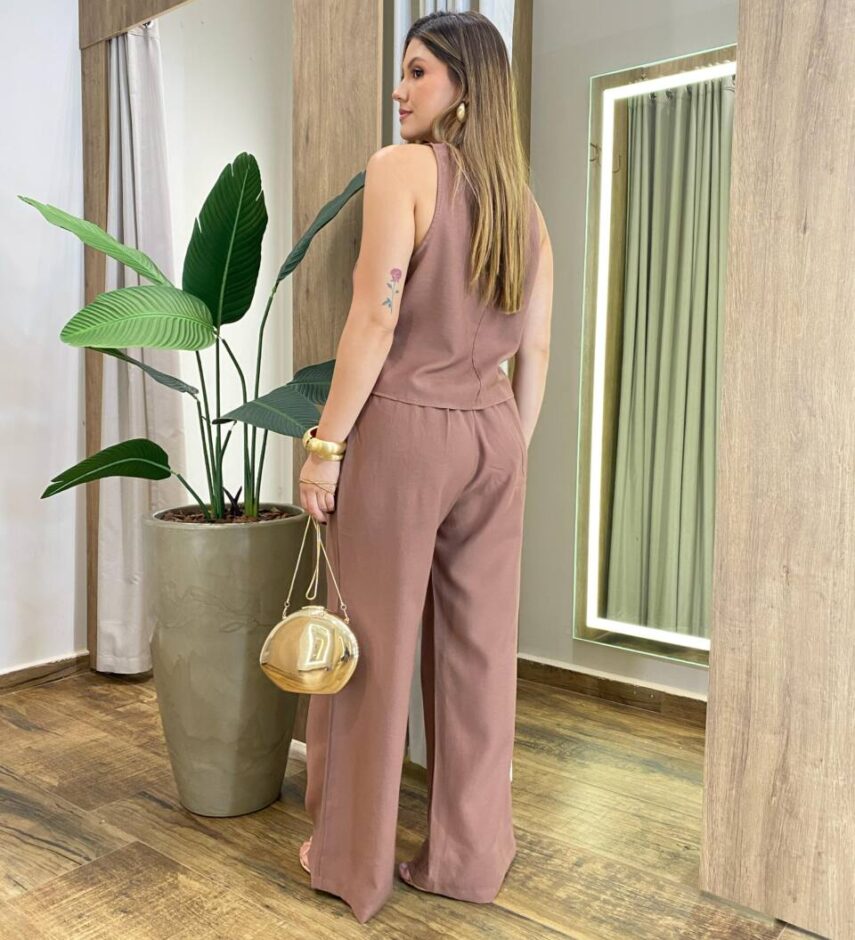 Conjunto Feminino Marina Regata e Calça Pantalona com Zíper Chocolate - Fernanda Ramos Store