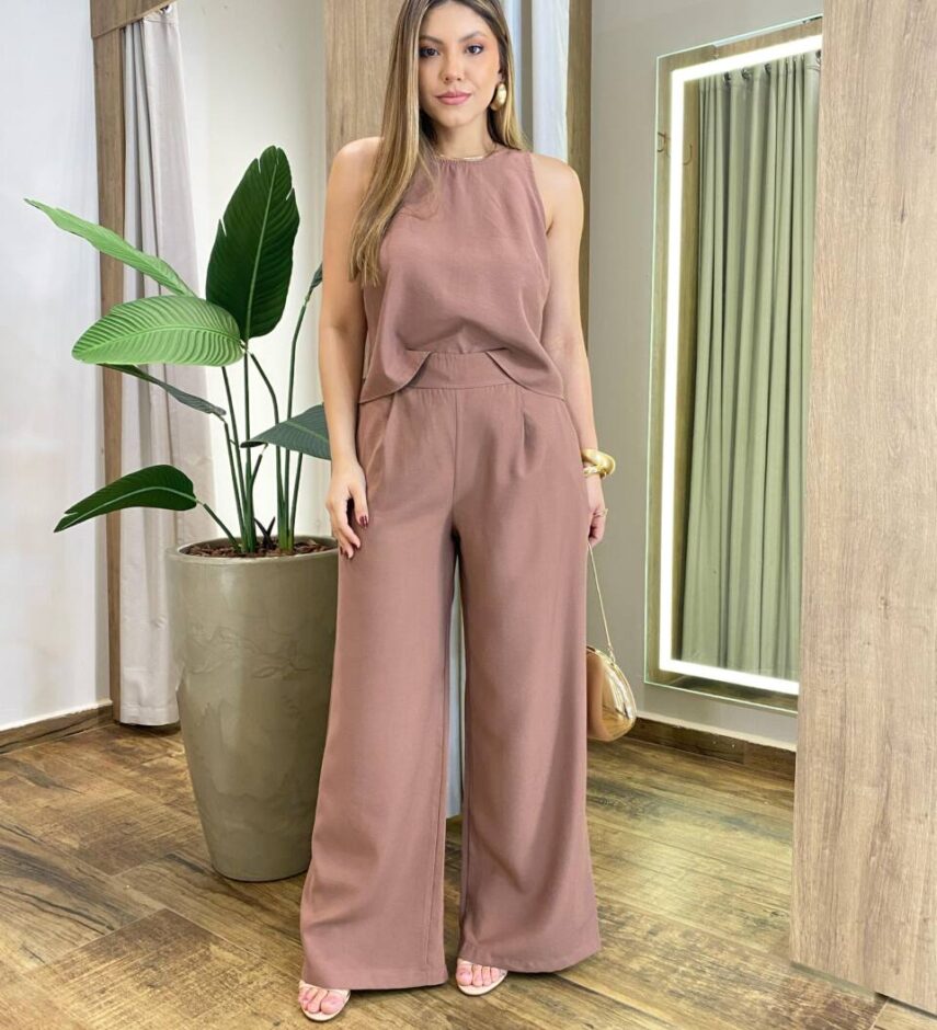 Conjunto Feminino Marina Regata e Calça Pantalona com Zíper Chocolate - Fernanda Ramos Store