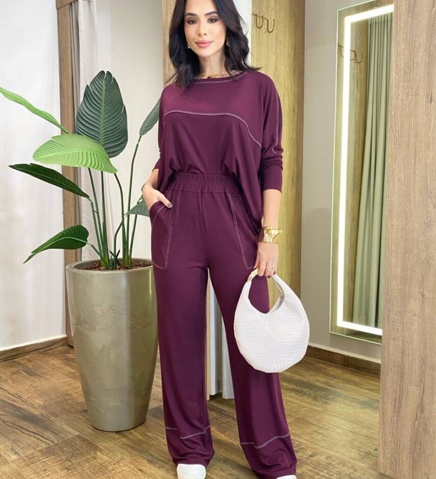 Conjunto Feminino Moletinho Tiana Blusa Manga 3/4 e Calça Marsala - Fernanda Ramos Store