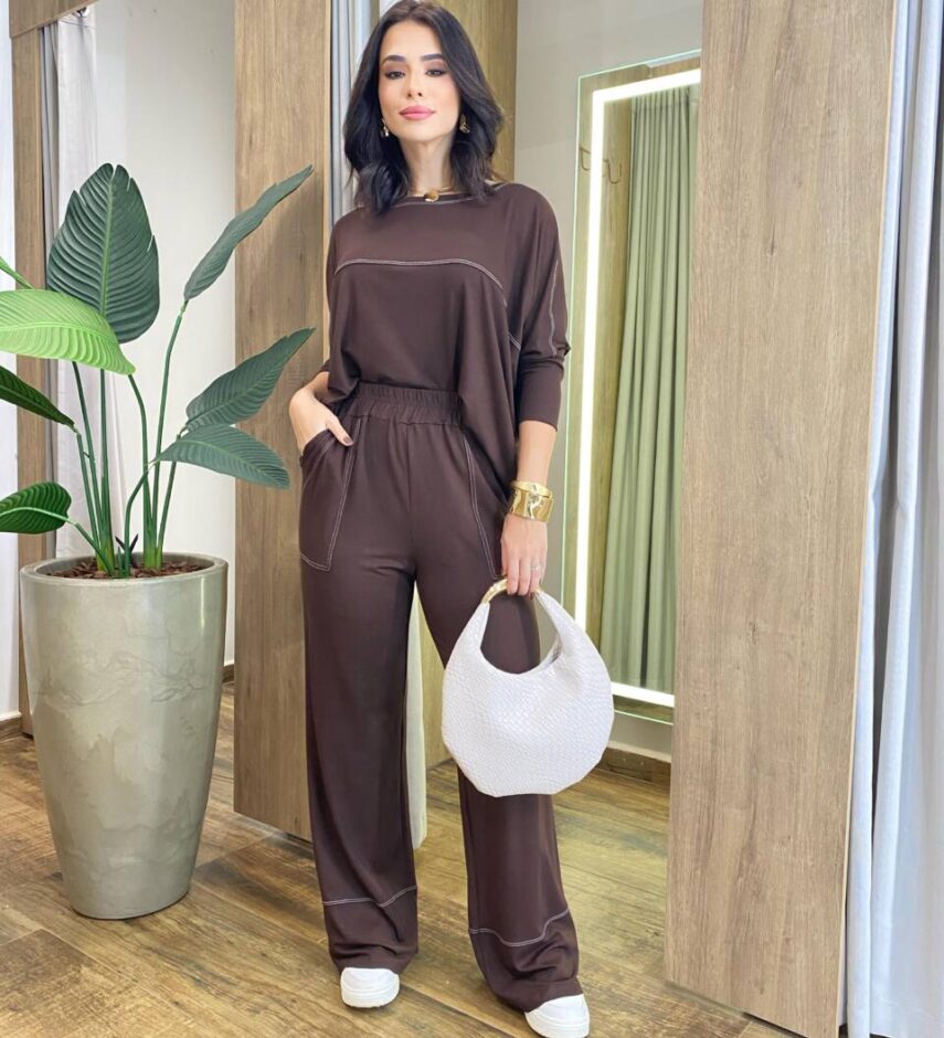 Conjunto Feminino Moletinho Tiana Blusa Manga 3/4 e Calça Marrom - Fernanda Ramos Store