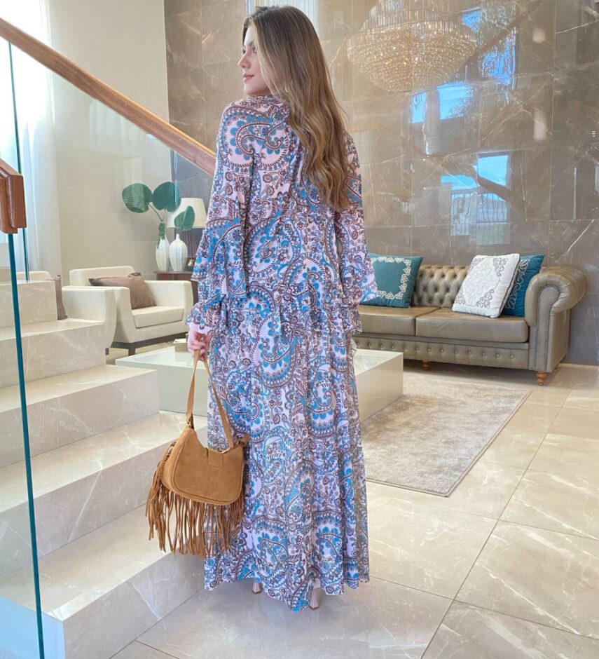 Conjunto Grécia Blusa Manga Longa e Saia Longa Estampado em Tule - Fernanda Ramos Store